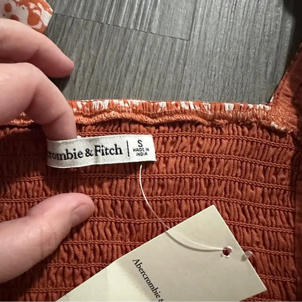 Abercrombie & Fitch Ruched Puff Sleeve Orange White Print Sweetheart Top‎ Sz S